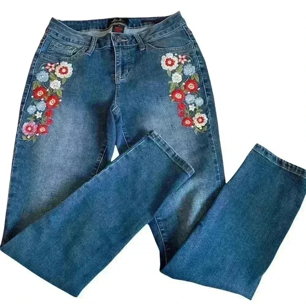 Earl Jeans Embroidered Flower Multicolor Denim Skinny Ankle Jeans 4